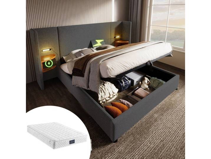 Lit 160x200 avec tête de lit et rangements Maisentiel
