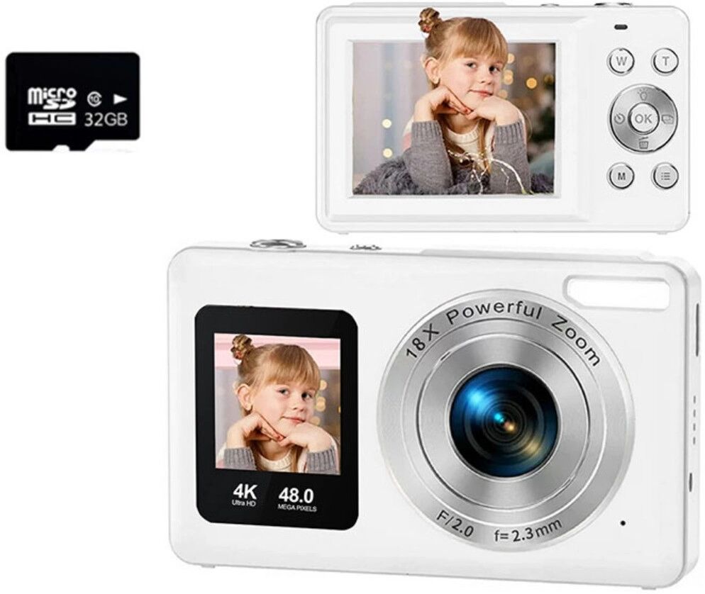 INF Dual-Screen Digitalkamera mit 2.4 inch + 1.3 inch IPS, echtem 4K/30fps, 18x Digitalzoom, bis zu 48MP, Type-C Laden Weiß