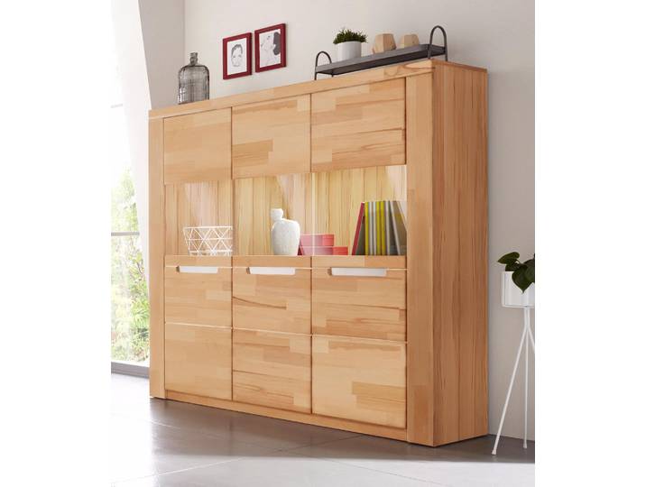 Highboard OTTO HOME Kolding , beige (kernbuche teilmassiv), B:140cm H:145cm T:40cm, Holz teilmassiv, Sideboards, Highboard, Breite 140 cm mit 3 Glastüren