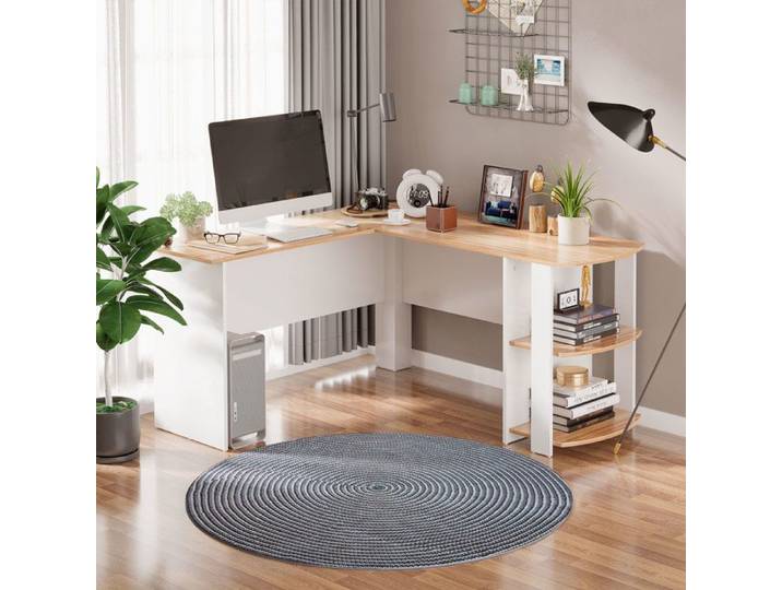Bureau d'ordinateur PC d'angle en L 136 x 130 x 72 cm en bois avec étagères pour maison et bureau