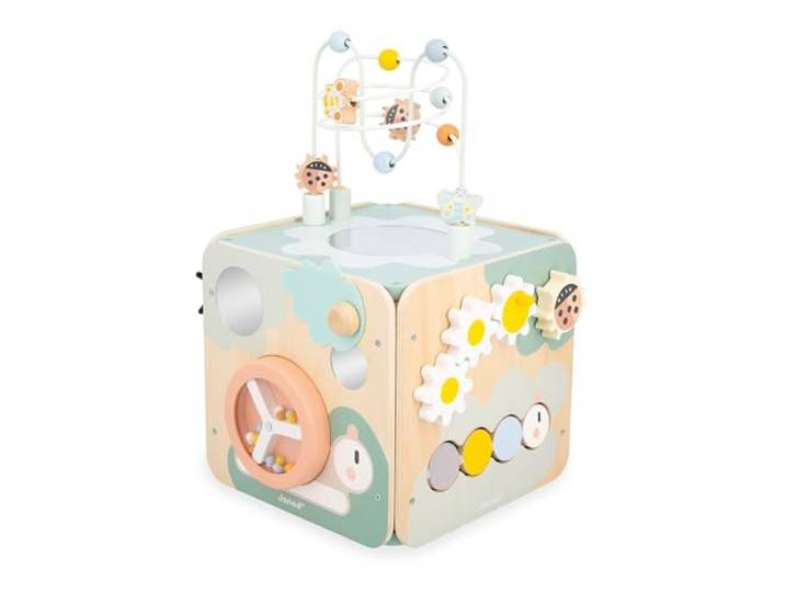 Janod - Sweet Cocoon Großer Multiaktivitätswürfel - 11 Aktivitäten für Kinder - Entwicklungsspielzeug - Entwicklung der Feinmotorik - Spielzeug aus FSC-Holz - Ab 18 Monaten, J04060