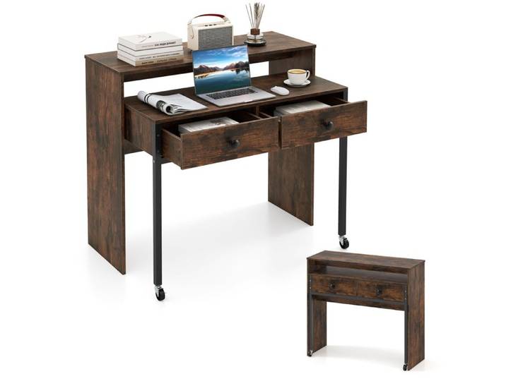 GIANTEX Bureau d'Ordinateur Extensible - 2 Roulettes - 2 Tiroirs - 2 Plateaux - 100x63x88 cm - Salon Bureau - Café