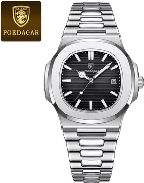 Inspire Essentials POEDAGAR Luxury Square Mens Watch Stainless Steel Waterproof Quartz Design silver Black
