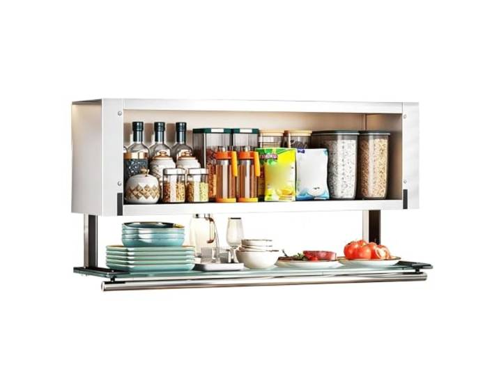 Küchenhängeschränke, Nach Unten Öffnende Glastür, Hängeschrank Küche Wandschrank Küche, Verzinktes Stahlblech, 2 Ebenen, mit Edelstahlgriff, Ambiente-Beleuchtung(White,50cm/19in)