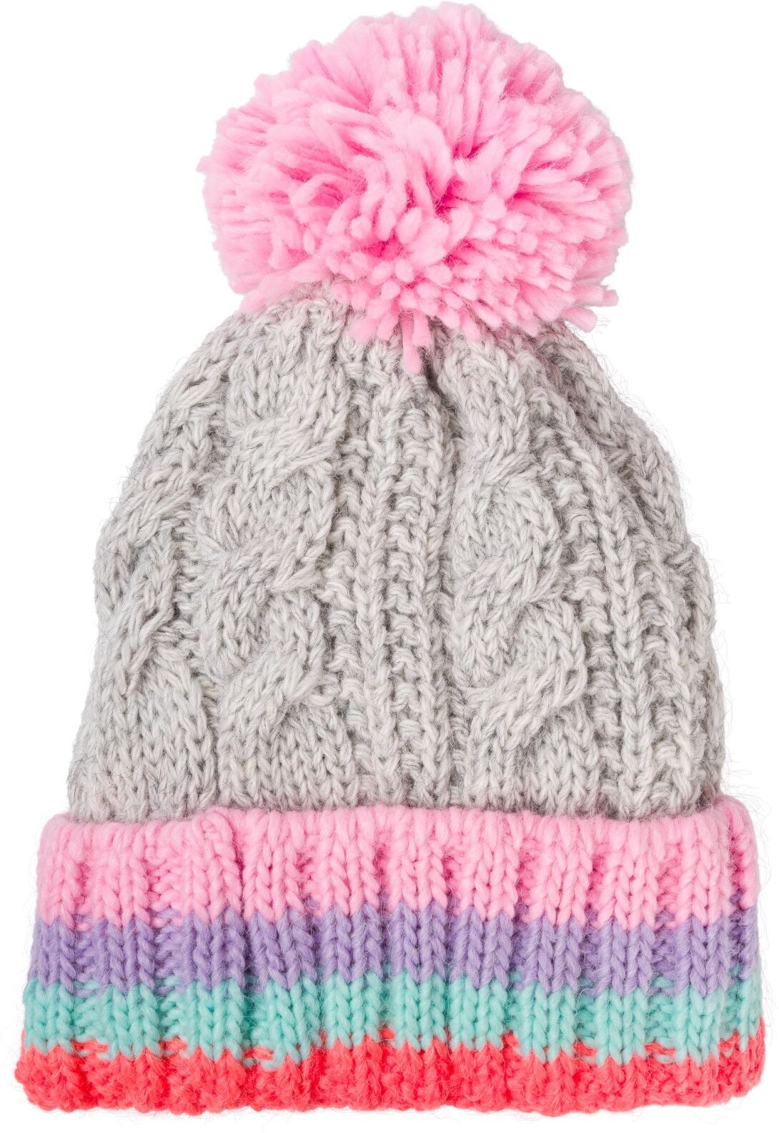 Strickmütze STYLEBREAKER "Kinder Strick Bommelmütze Zopfmuster", Mädchen, grau (hellgrau, rosa), 6% Nylon NY. 81% Polyacryl PAN. 9% Polyamid PA. 4% Wolle WO., Modisch, Mützen Strickmütze