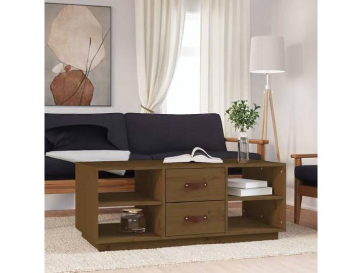 HEFZGDB Massivholz Couchtisch Honigbraun 100x50x41 cm Kiefer mit Schubladen und Ablagen für Stauraum, Beistelltisch oder Sofatisch, rustikale Optik, einfache Montage, funktionales