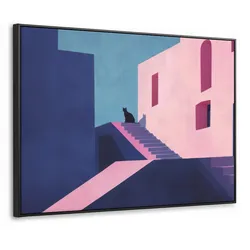 LEINWAND Bilder mit Rahmen - Katze - Treppe - Gebäude - Schattenkontraste - 80x60