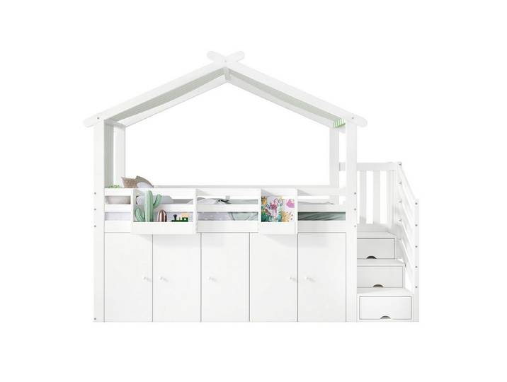 SOFTWEARY Hochbett mit Aufbewahrung (90x200 cm) Kinderbett mit Rausfallschutz, Hausbett
