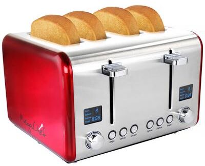 MegaChef 4 Slice Dual Control Digital Display Toaster in Stainless Steel Red