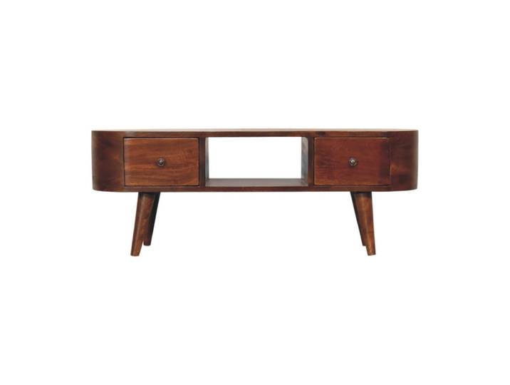 Artisan Furniture Medienanlage Runde Offene Lagerung, 2 Schubladen, im Kastanienholz-Finish, Beige, Braun, Holz, Echtholz,Mangoholz, Holz Optik, Rechteckig, 100x37x30 cm, Wohnzimmer, Wohnzimmertische, Couchtische