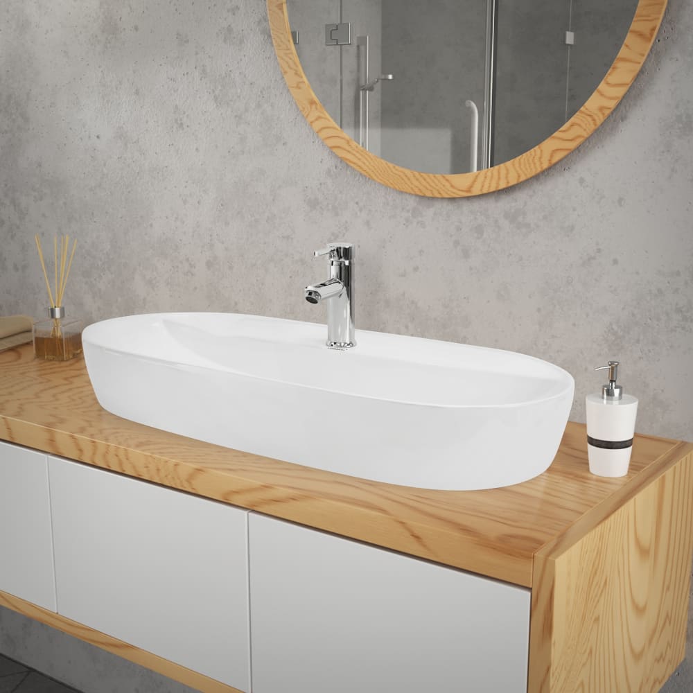 ML-Design Lavabo ovalado blanco cerámico con desagüe cromado