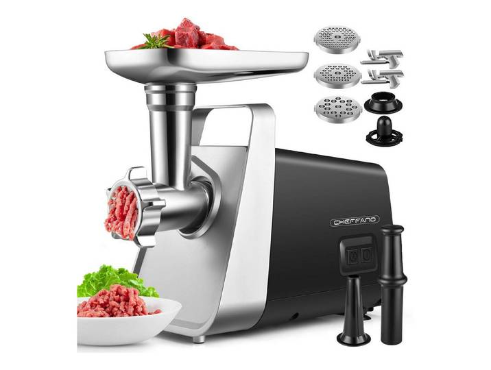 CHEFFANO Fleischwolf Fleischwolf Edelstahl mit Wurstfüller, Kebbe, 3Lochscheiben & 2Klingen, 350 W