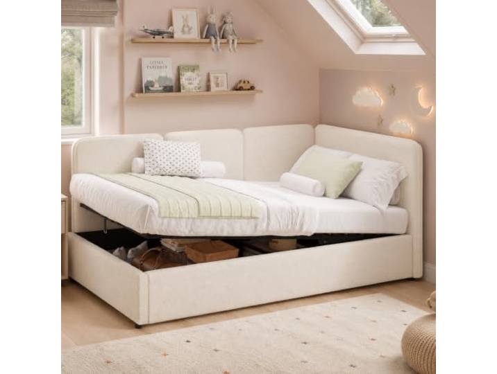 Merax Daybett 90x200 cm mit hydraulischem Stauraum, bouclé, beige – Links/rechts montierbar, Beige (Ohne Matratze)