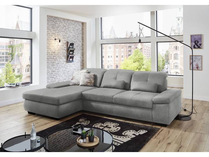 Ecksofa, Chenille, Silber, 309×195 cm, L-Form, Sitztiefenverstellung, Modern, DIE PLANBAR