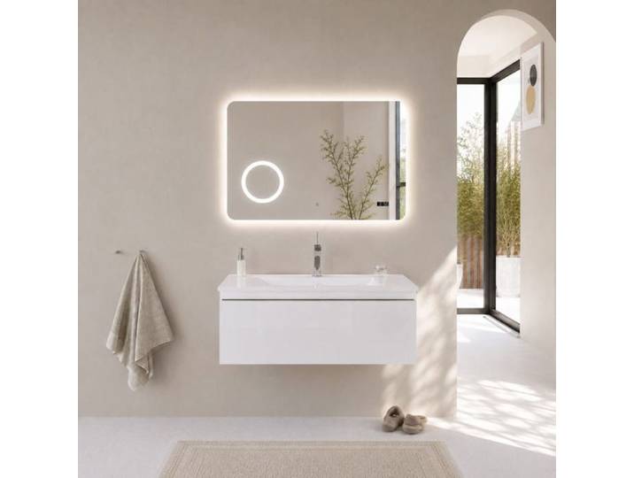 Meuble de salle de bain suspendu blanc brillant 80 cm avec lavabo en céramique Seattle