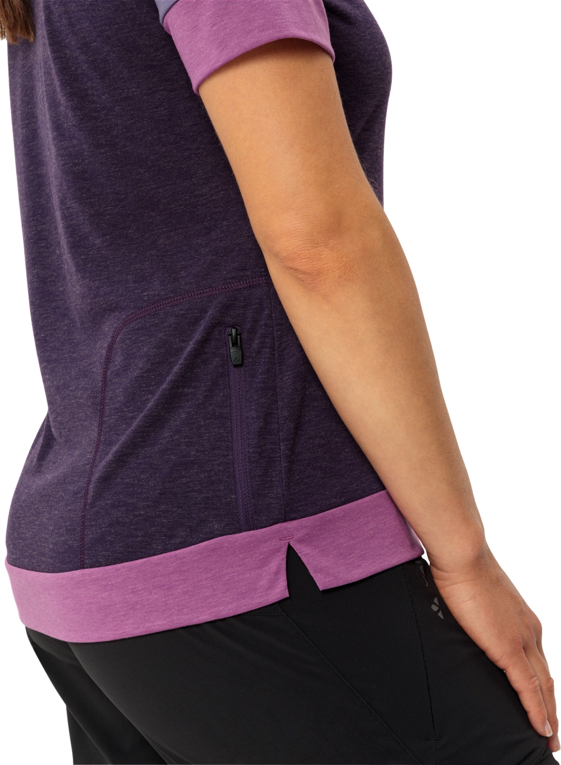 Funktionsshirt VAUDE "WOMEN'S ALTISSIMO Q-ZIP SHIRT", Damen, Gr. 36, lila (eggplant), Obermaterial: 88% Polyester, 12% Wolle, Shirts Funktionsshirt, speziell für Radsport, mit kleiner Reissverschlusstasche am Rücken eggplant 36