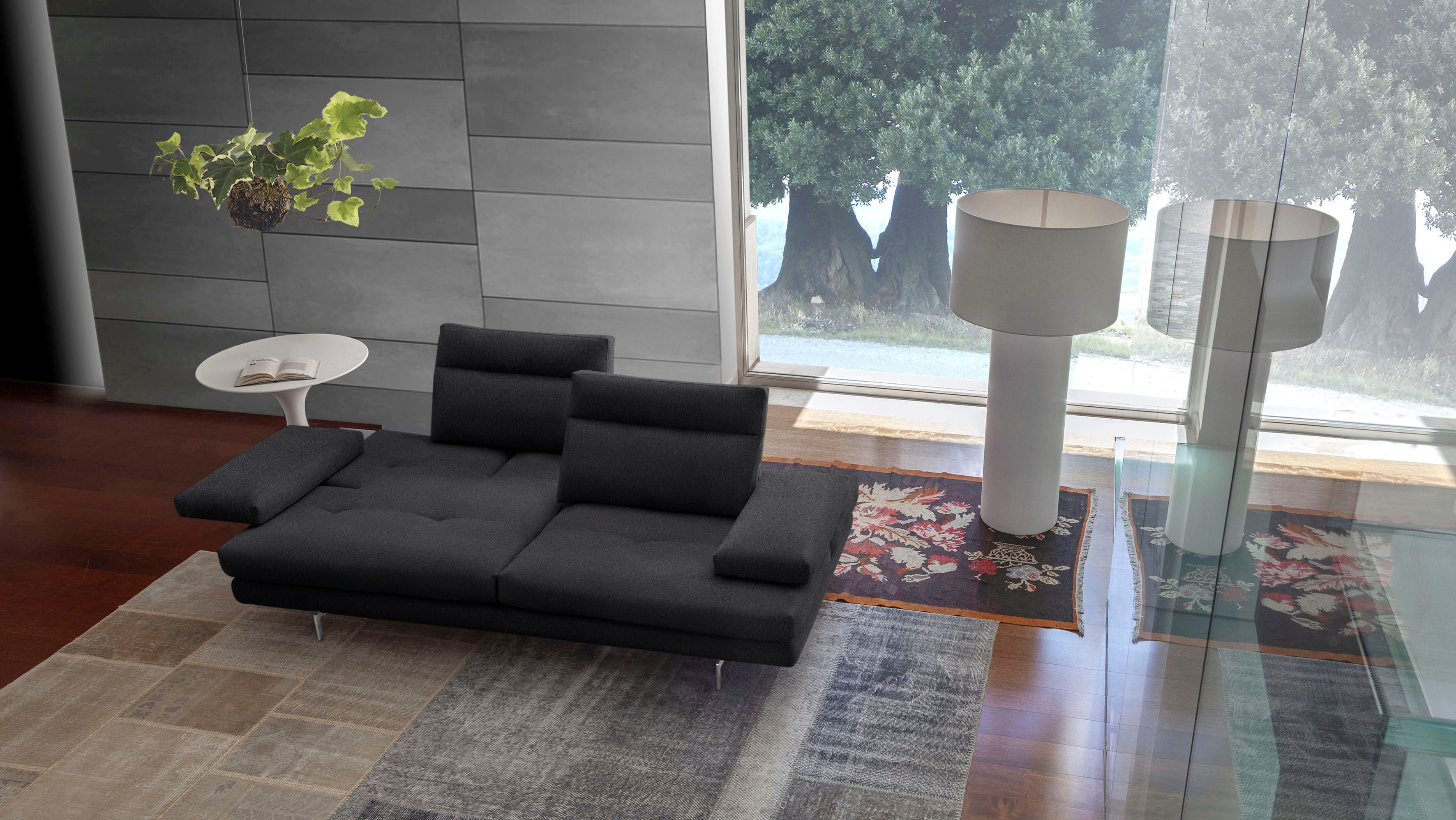 3-Sitzer CALIA ITALIA "Toby Wing, 208 cm breit, Designsofa mit hohem Sitzkomfort", schwarz (nero quebec), B:208cm H:90cm T:113cm, Synthetische Faser (100% Polyester), Sofas, 3-Sitzer, inklusive Sitztiefenverstellung, Füsse in Chrom glänzend nero quebec B/