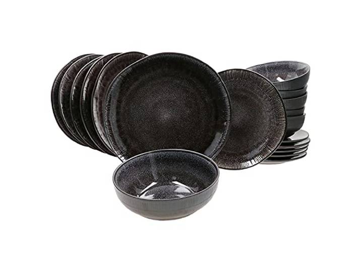 MamboCat Reactive Glaze Black Geschirr-Set 18-teilig Zakynthos I Kombi-Service für 6 Personen I Tafel-Service mit je 6X Speiseteller - Kuchenteller & Müslischale I Steingut-Set handgefertigt