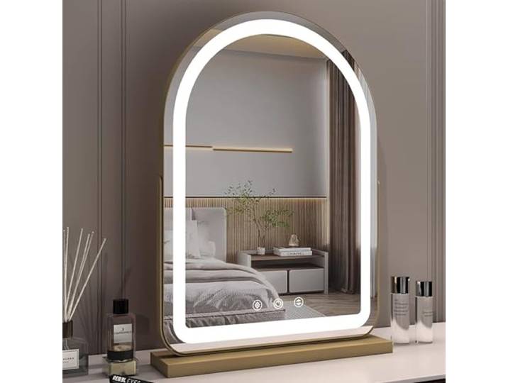 HXYhydrypd Gewölbter Schminkspiegel mit Beleuchtung, Smart Touch, 360°-Drehung, Spiegel Groß mit LED-Beleuchtung, Schminktisch Spiegel für Badezimmer, Wohnzimmer(Gold,40cm/15.7in)