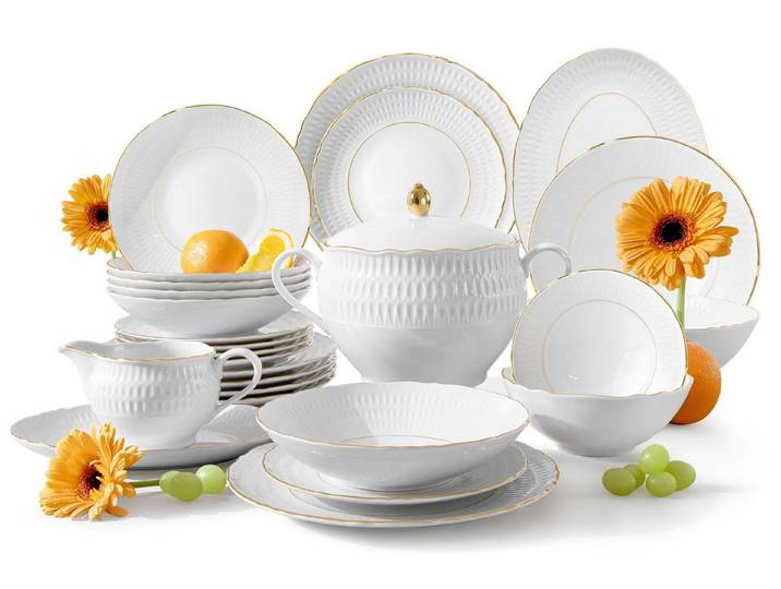 KONSIMO® Kombiservice CMIELOW SOFIA Geschirrset, Hochwertiges Premium-Porzellan (25-tlg), 6 Personen, Porzellan, handbemalt in echtem Gold, Handwäsche, elegante Verzierung