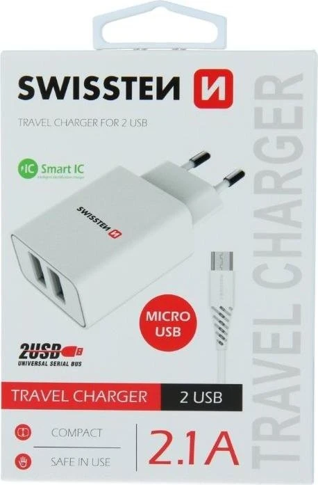 Swissten-Netzwerkadapter SMART IC 2.1A + Micro-USB-Kabel 1,2 m weiss