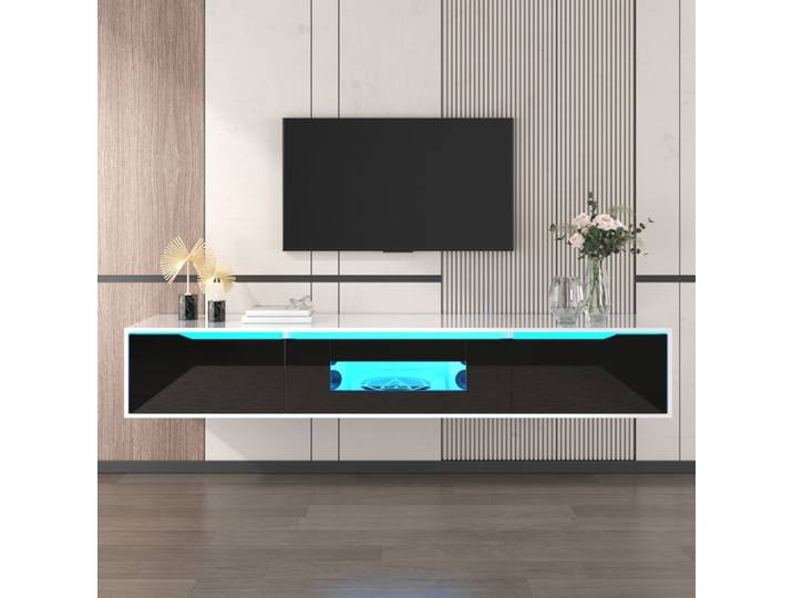 Meuble TV suspendu LED 180x30x35 cm 4 compartiments de rangement salon panneaux de particules brillant blanc et noir
