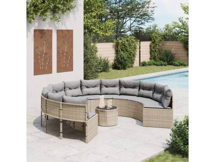 Canapé de jardin avec table coussins rond beige résine tressée 3318546