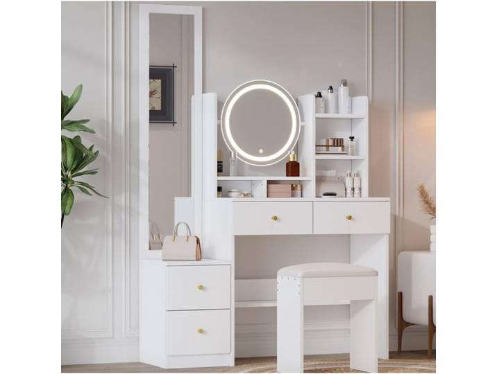 Coiffeuse avec miroir LED 3 couleurs coiffeuse 4-en-1 miroir pivotant tabouret et 4 tiroirs blanc 109x36x164 cm