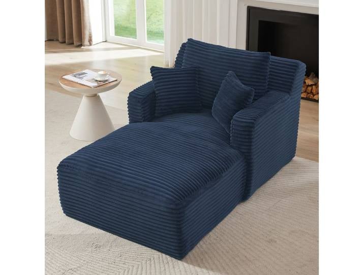 MEULVA Méridienne 1 place en velours côtelé bleu fauteuil relaxation sans montage 166 x 100 x 82 cm