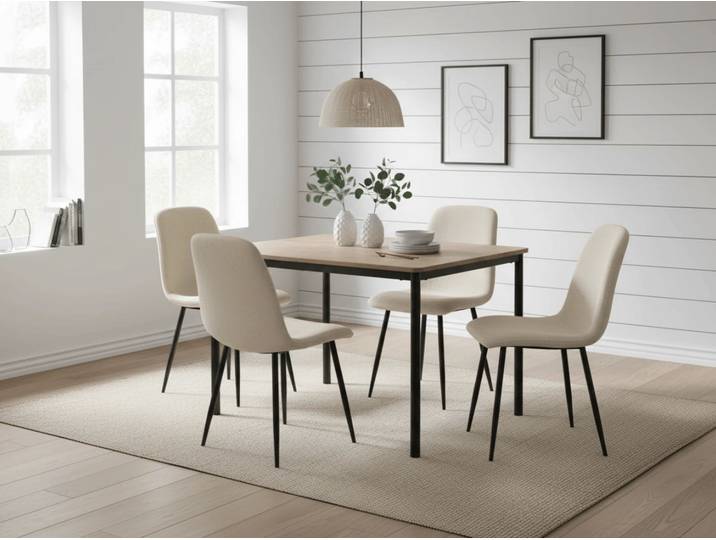 Essgruppe 1 + 4, Tisch CITY 110x75 cm Eiche Artisan + cremefarbener Stuhl RIFT mit schwarzen Beinen