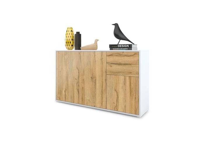 Vladon Commode Buffet Ben V3 Corps en Blanc mat - Façades en Chêne Nature