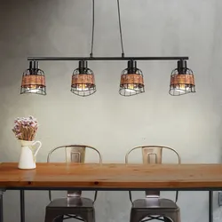Pendelleuchte Rattan Esszimmer Deckenlampe Küche hängend Hängelampe Wohnzimmer schwarz, Gitter Grasgeflecht braun, 4x E27 Fassungen, LxBxH 81x12x150 cm
