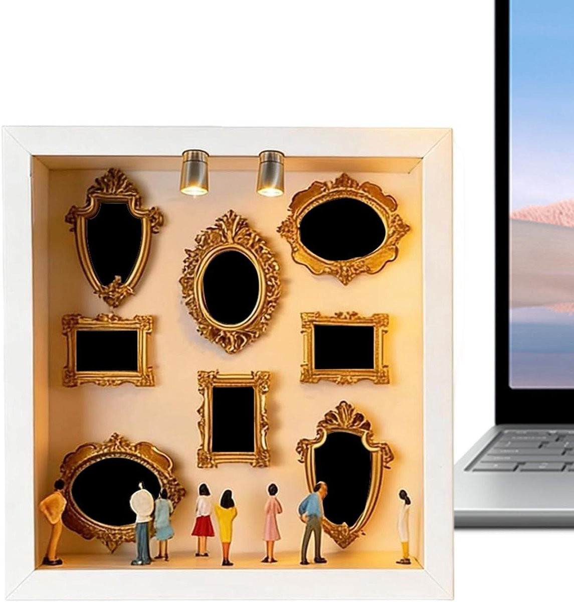 Mini Museum Lijst Houten displaybox met LED verlichting Wit 25 x 25 cm