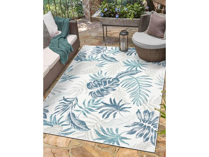 Outdoorteppich Reef, LAGERRÄUMUNG , blau (blau,cream,blau), B:80cm H:6mm L:150cm, Polypropylen, MYFLAIR MÖBEL & ACCESSOIRES, Teppiche, Outdoorteppich, Wendeteppich, Blätter Motiv, Outdoor geeignet, Balkon, Terrasse