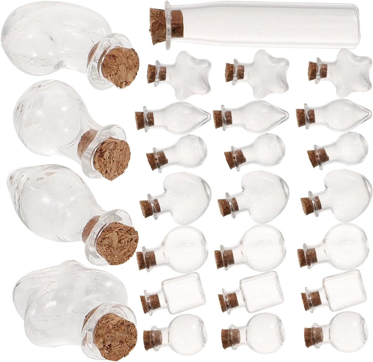 Set van 48 transparante glazen flesjes met kurken deksel voor decoratie