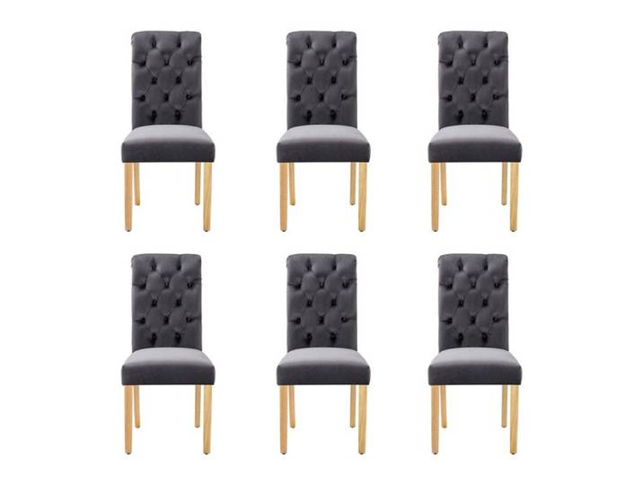 Lot 6 chaises velours gris chêne bouton chromé - Salon cuisine salle à manger - Design confortable et élégant