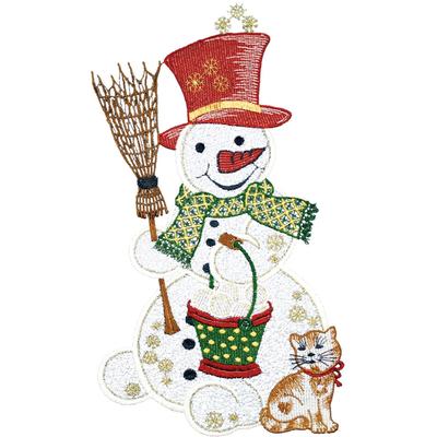 Fensterbild "Schneemann mit Katze" Gr. 1, rot (ecru, goldfarben, rot), B:21cm H:39cm, Polyester, W. REUTER & SOHN - PLAUENER SPITZE, Fensterbilder, Made in Germany