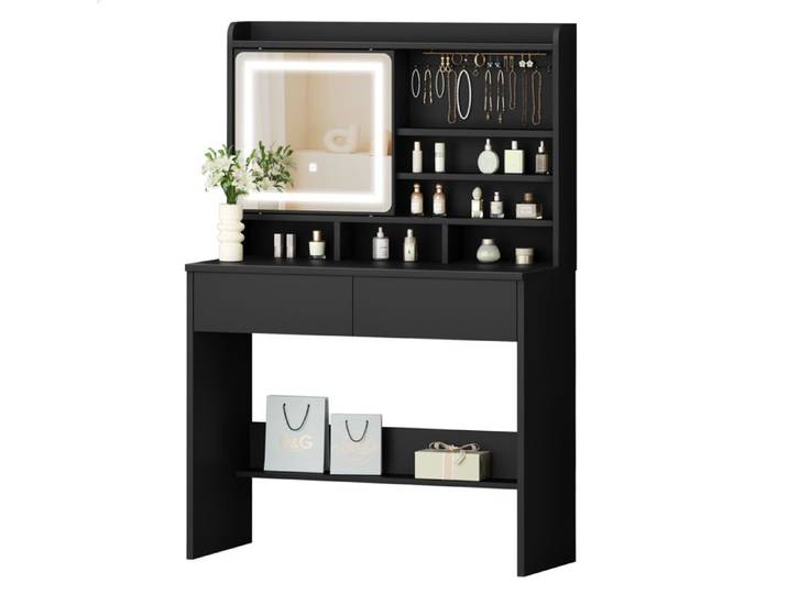Coiffeuse ALFORDSON avec miroir et éclairage meuble de rangement avec 2 tiroirs et porte-bijoux commode de chambre noire