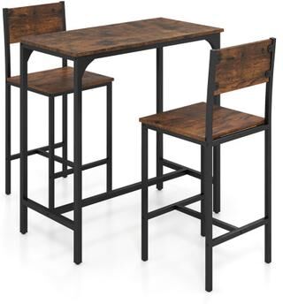 Costway 3 Piece Bar Table Set with Backrest and Footrest for Small Space-Rustic Brown