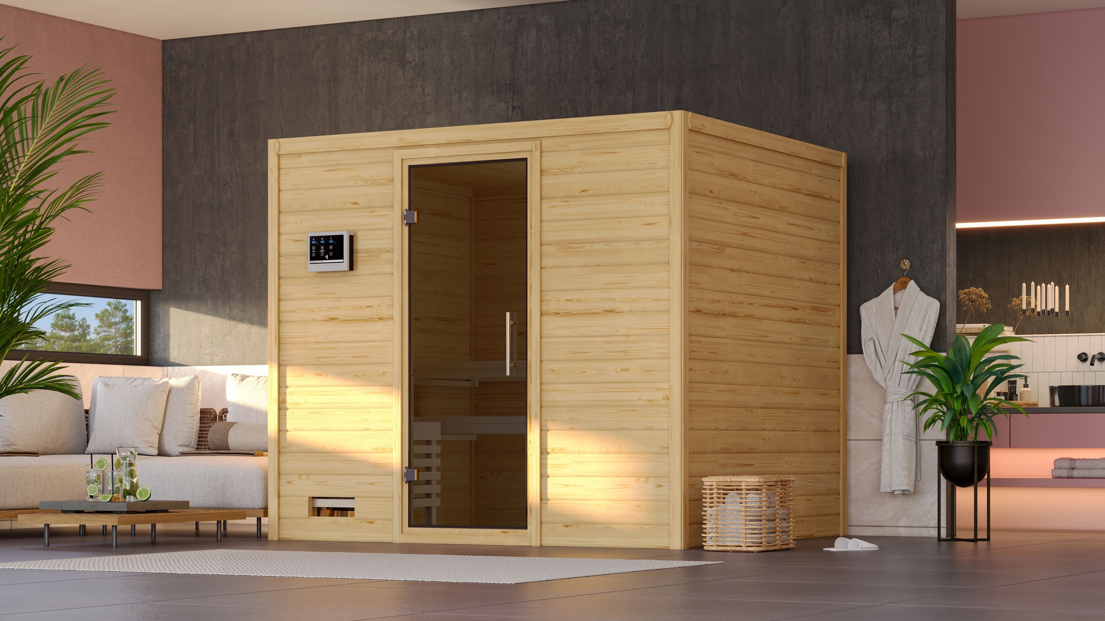 Sauna KARIBU "Soraja", beige (naturbelassen), Saunaofen, externe Steuerung, 9 kW, Saunen, Ofen 9 KW externe Strg easy