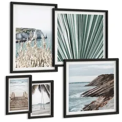BILDER SET 5er Set - 50x50 cm & 20x30 cm & 40x60 cm Schwarzer Rahmen - Strandtreppe Schaukel Meer