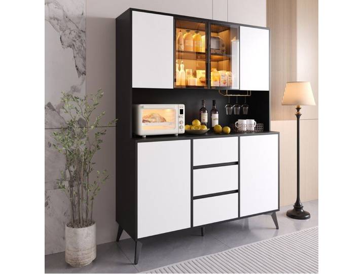 Buffet de cuisine haut AESVAR avec vitrine LED réglable par application 6 portes 3 tiroirs 120x40x160 cm