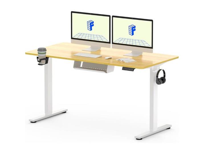 FlexiSpot Bureau Assis Debout Électrique 140x60cm Bureau Réglable Table d'ordinateur avec Crochet Fonction Mémoire Maple