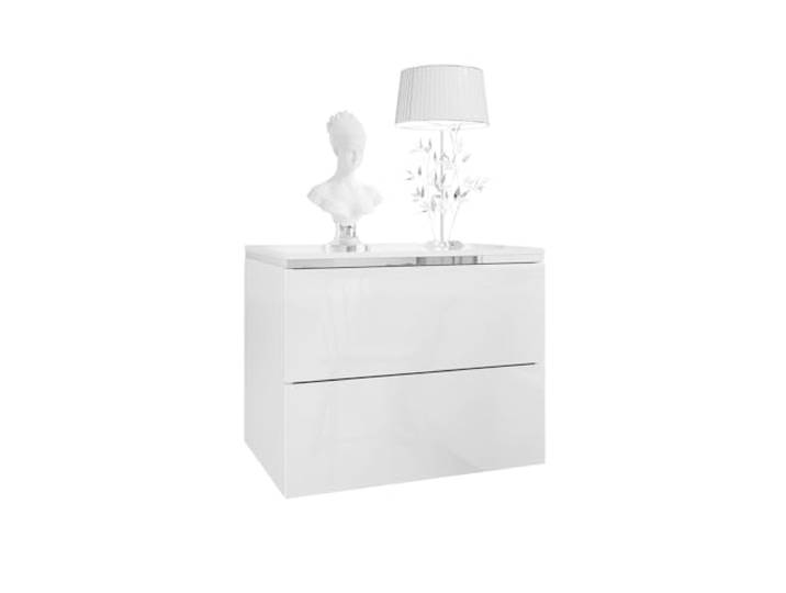 Lookway Nachttisch Aurora II Silver Weiß Hochglanz mit LED – Hängend oder auf Silberfüßen – Modernes Schlafzimmermöbel mit Dekorleiste (Hängend)