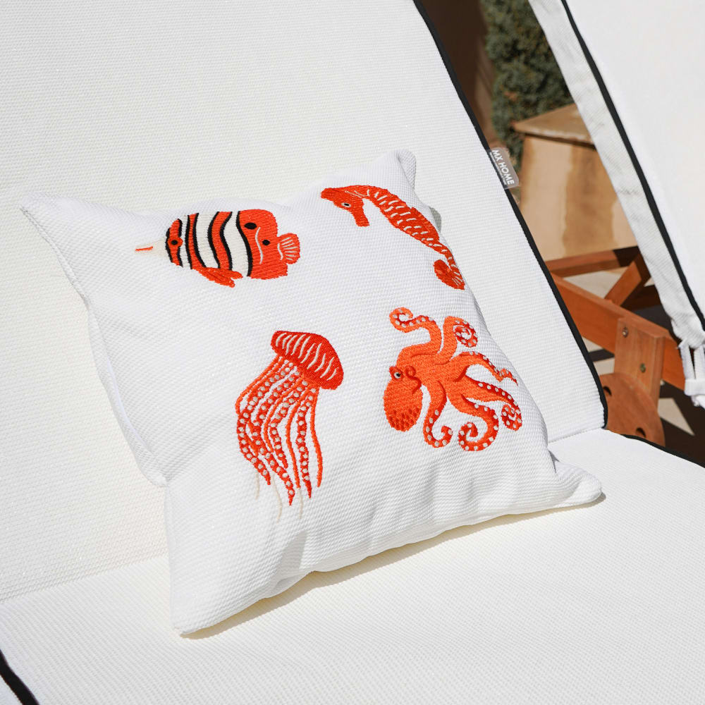 MX HOME Cojín exterior blanco con bordados Naranja