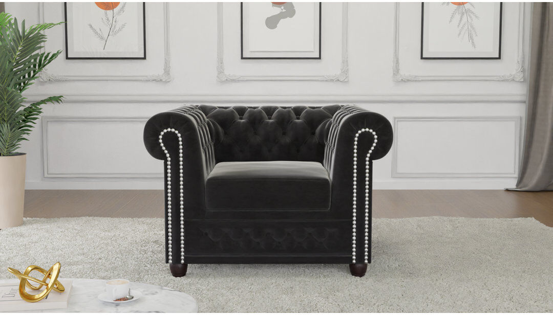 S-Style Furniture Chesterfield Armchair Hanna Made of Velvet Fabric with Solid Wood Legs Black 72cm H X 94cm W X 86cm D