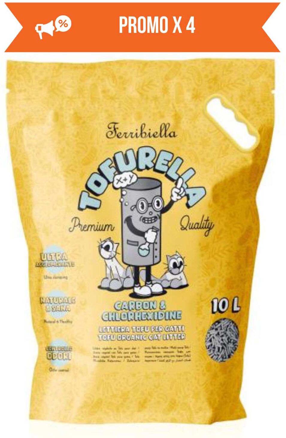 Ferribiella PROMO 4 SACCHI (€ 10,90 A SACCO) Lettiera al Tofu per Gatti Tofurella Clorexidina e Carboni Biodegradabile Agglomerante 10 lt