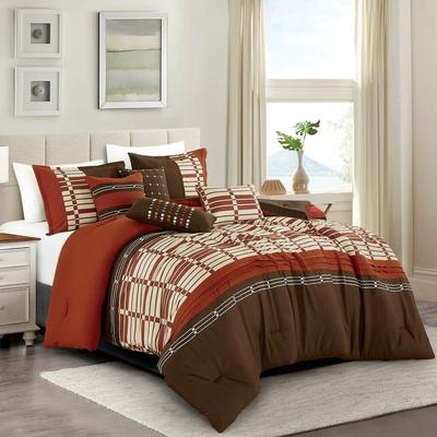 Home Mart Goods 7 Piece Brown Burgundy Ivory Comforter Set Embroidery Soft Bedding