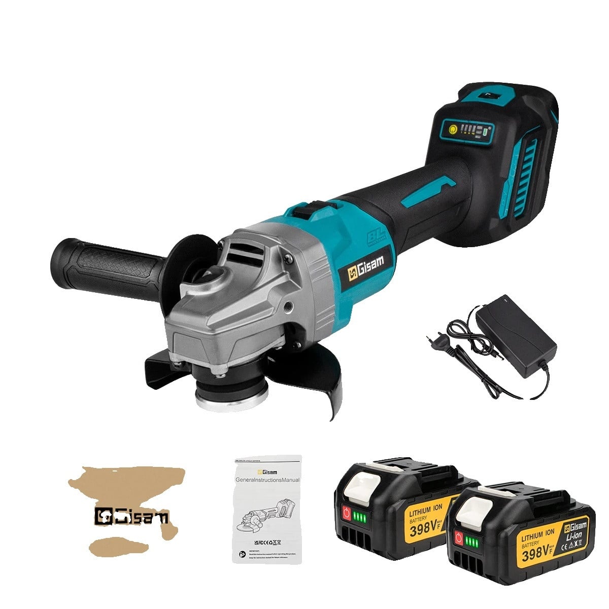 Makita Winkelslijpmachine met 125 mm schijf, 7 variabel instelbare snelheden en 2 batterijen