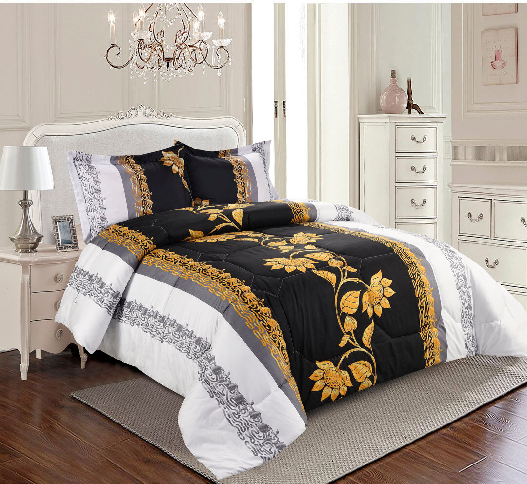 icon bedding Printed Bedspreads 3 Piece Trendy Black Comforter Bed Throw with Matching Pillow Shams Black King Bedspread + 2 Standard Shams